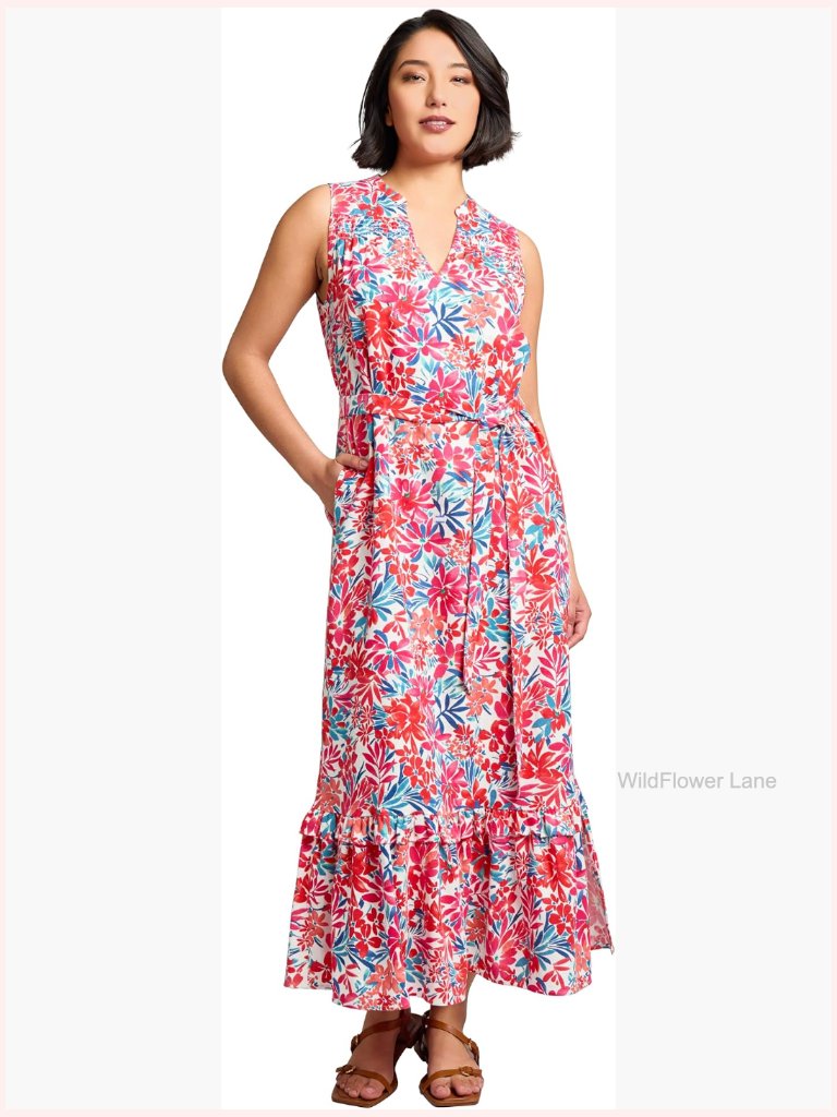 Sleeveless Printed Linen Maxi Dress - Floral V-Neck